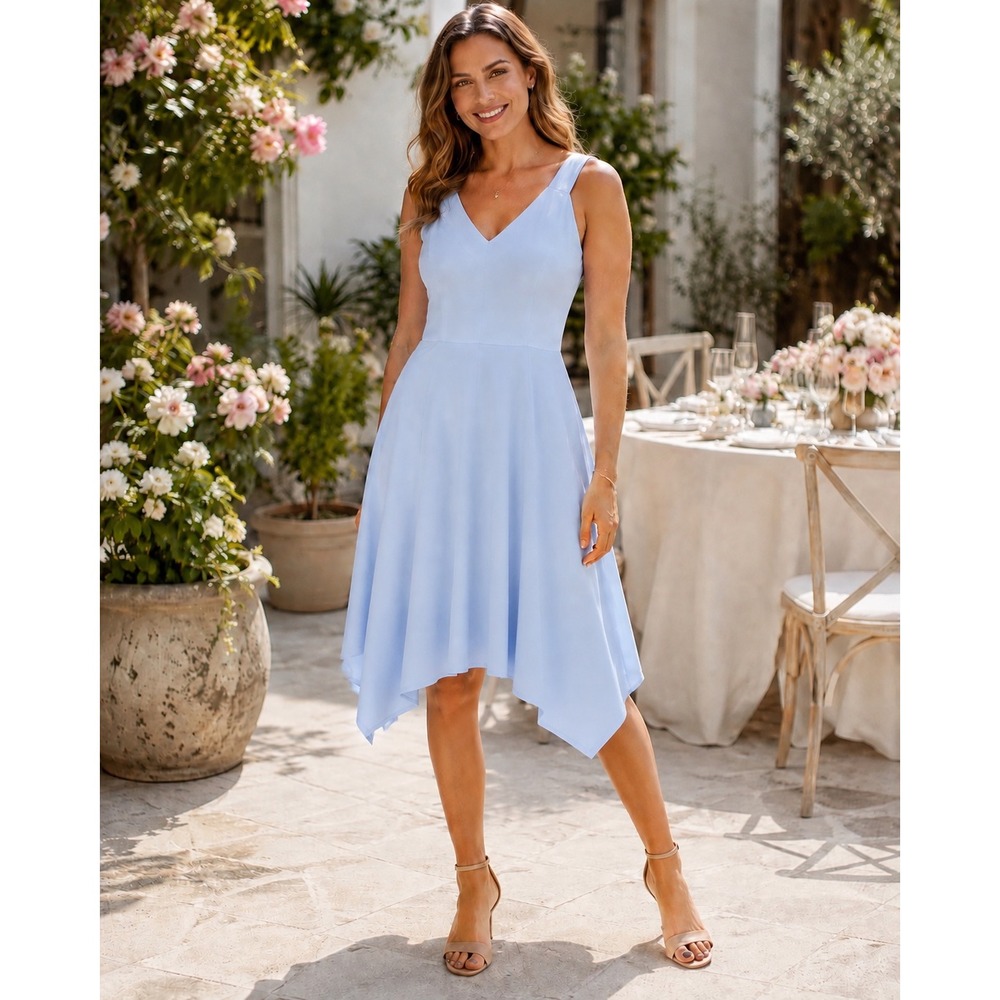 Saks Fifth Avenue Dress Light Blue Handkerchief Hem V-Neck Sleeveless Midi 12
